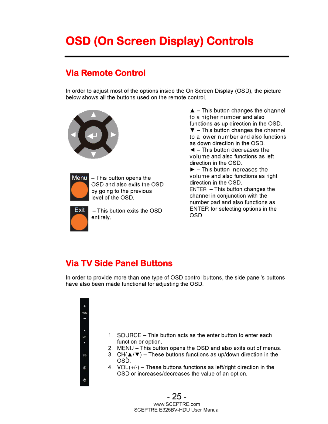 Sceptre Technologies E325BV-HDU user manual OSD On Screen Display Controls, Via Remote Control, Via TV Side Panel Buttons 