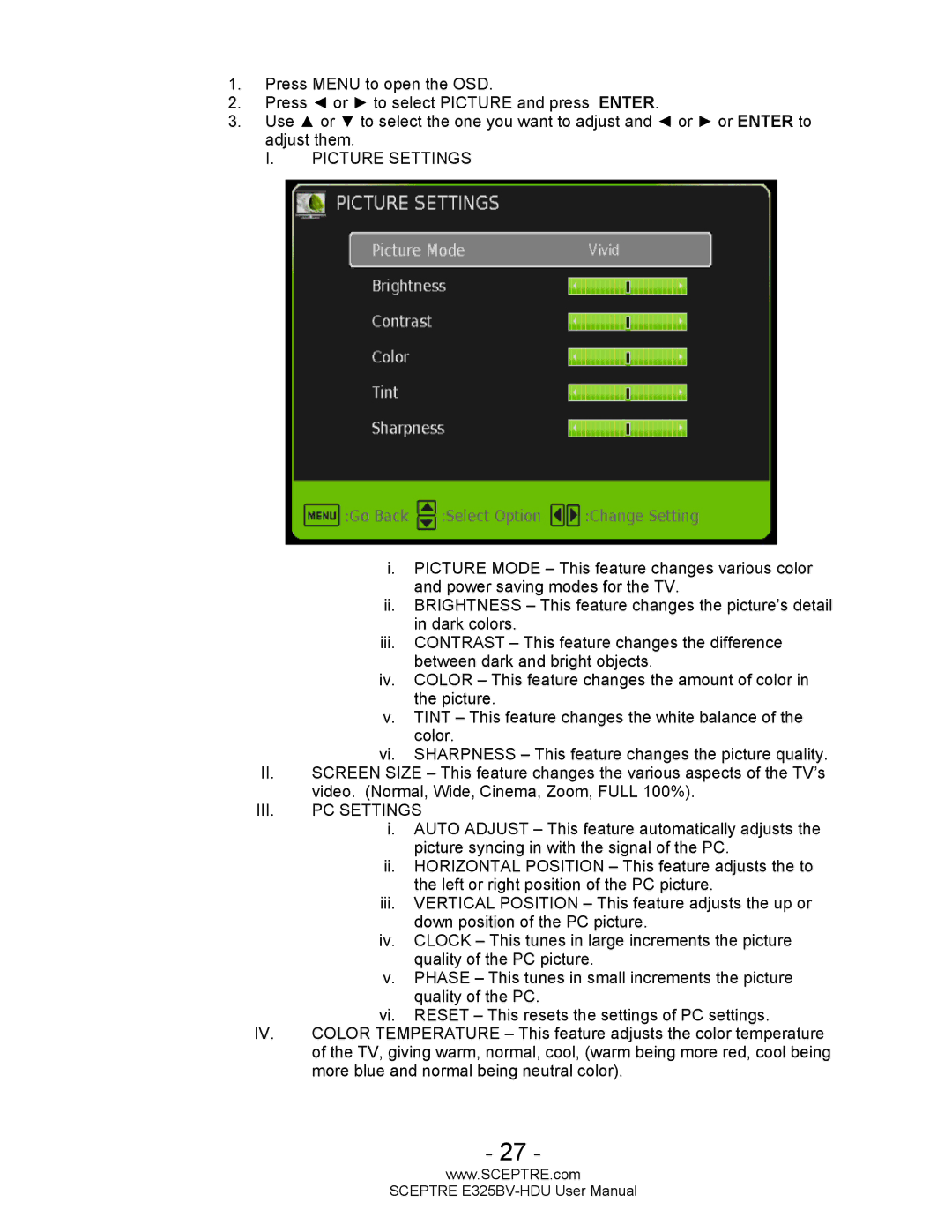 Sceptre Technologies E325BV-HDU user manual Picture Settings 