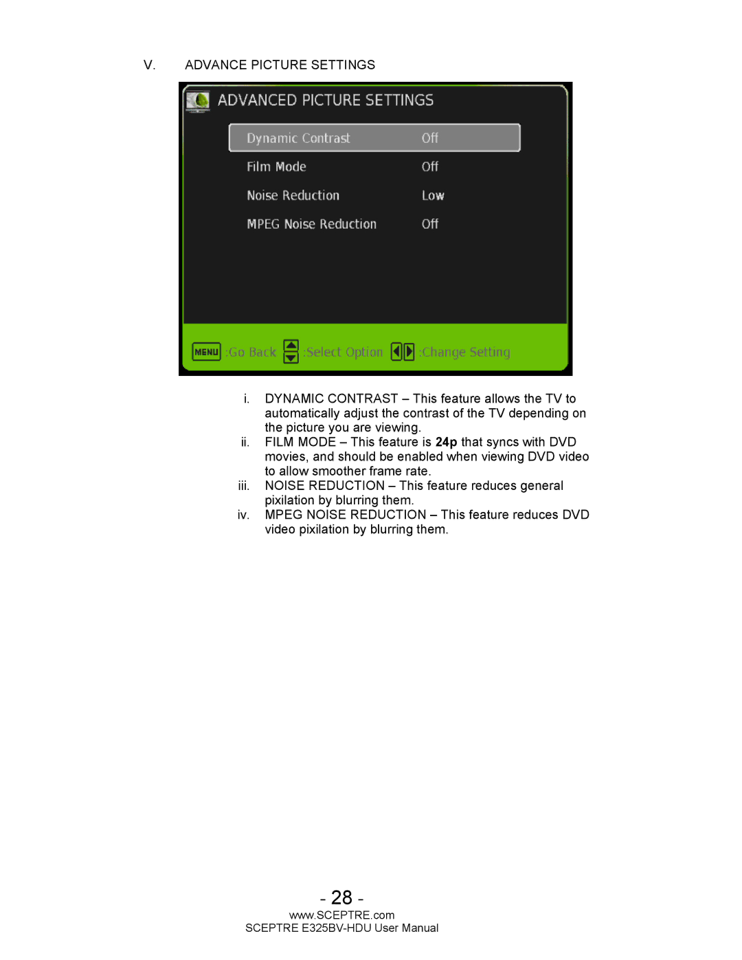 Sceptre Technologies E325BV-HDU user manual Advance Picture Settings 