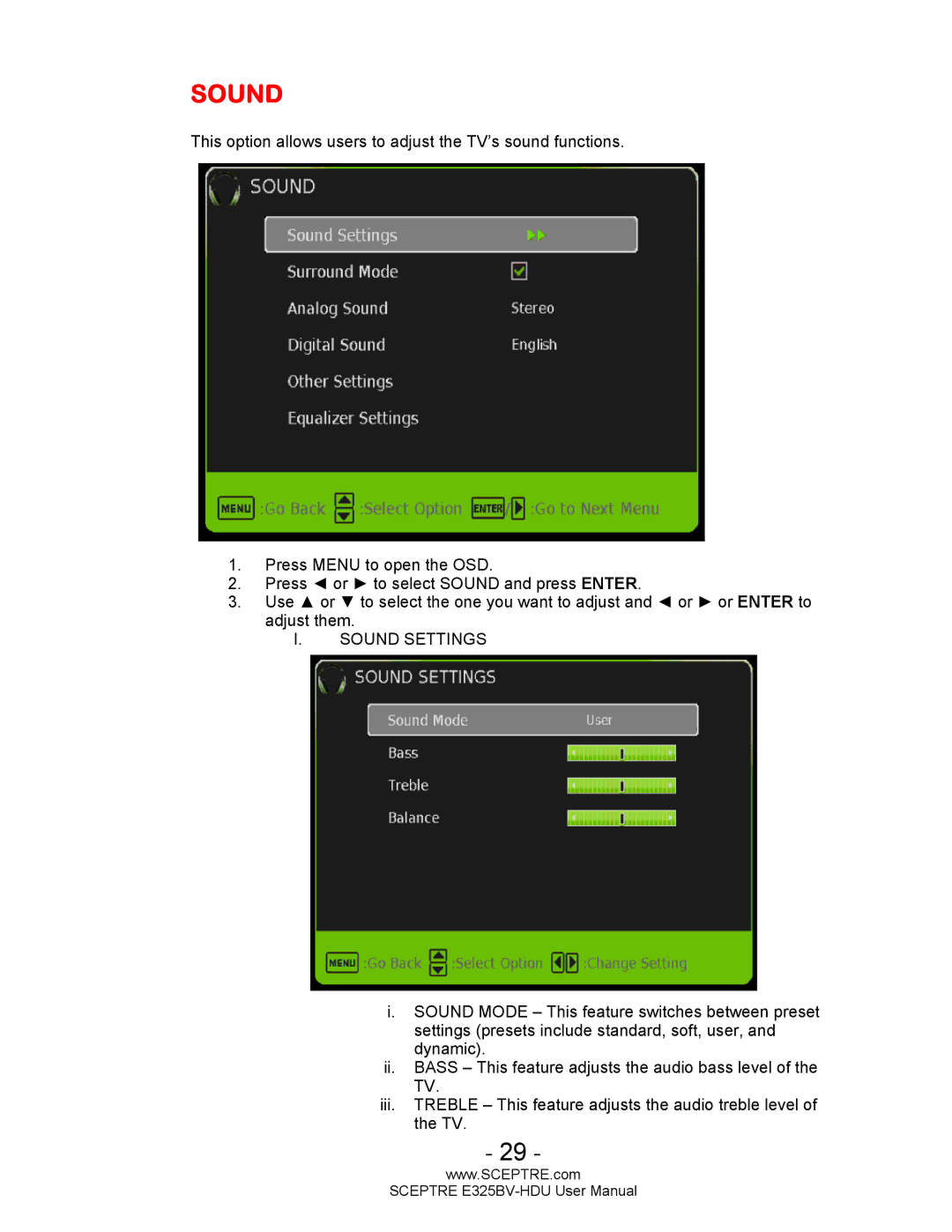 Sceptre Technologies E325BV-HDU user manual Sound 