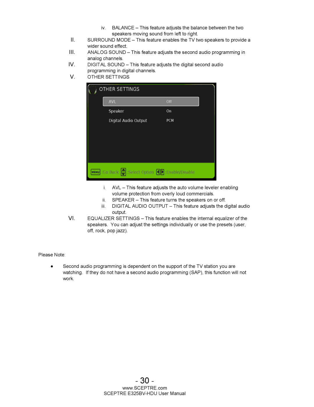 Sceptre Technologies E325BV-HDU user manual Other Settings 