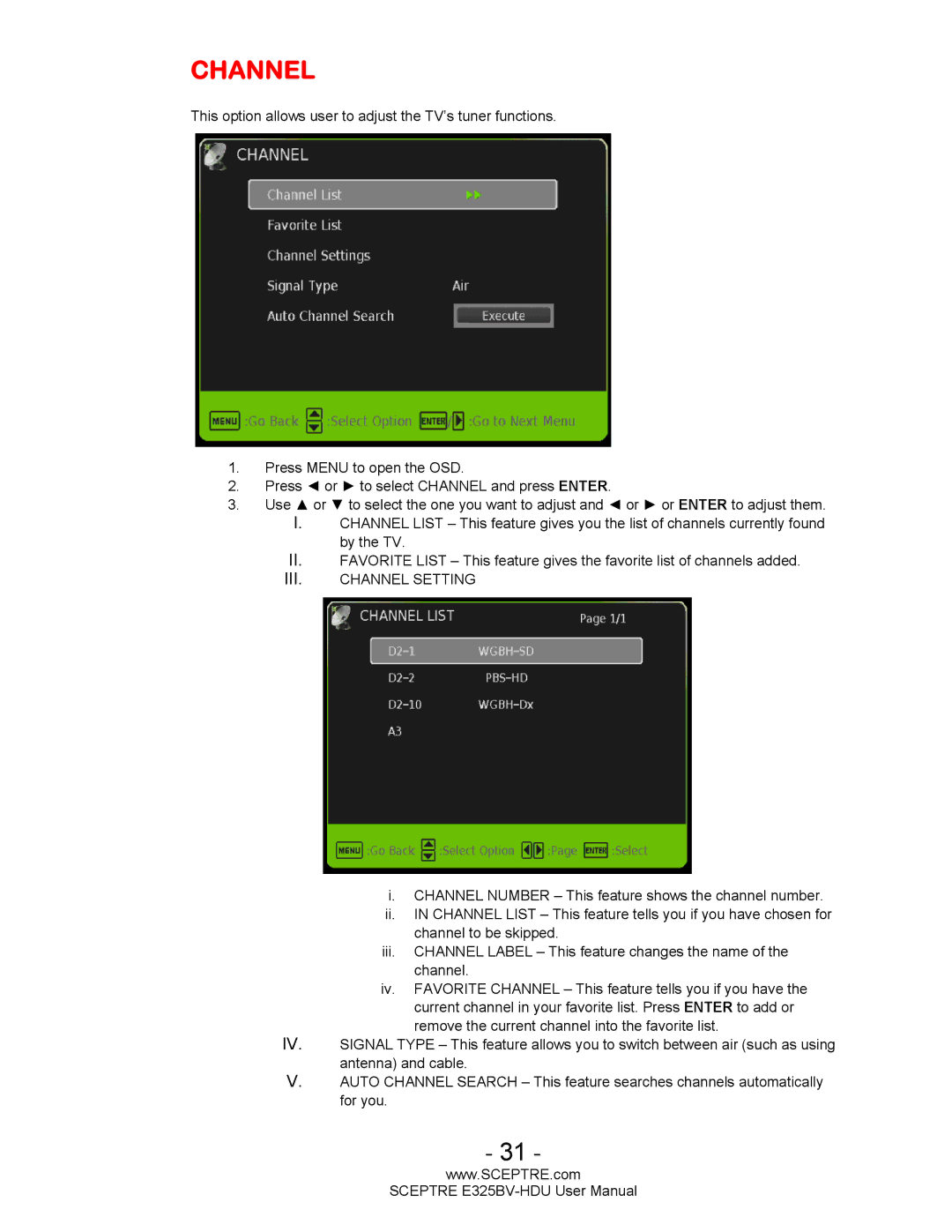 Sceptre Technologies E325BV-HDU user manual Channel 