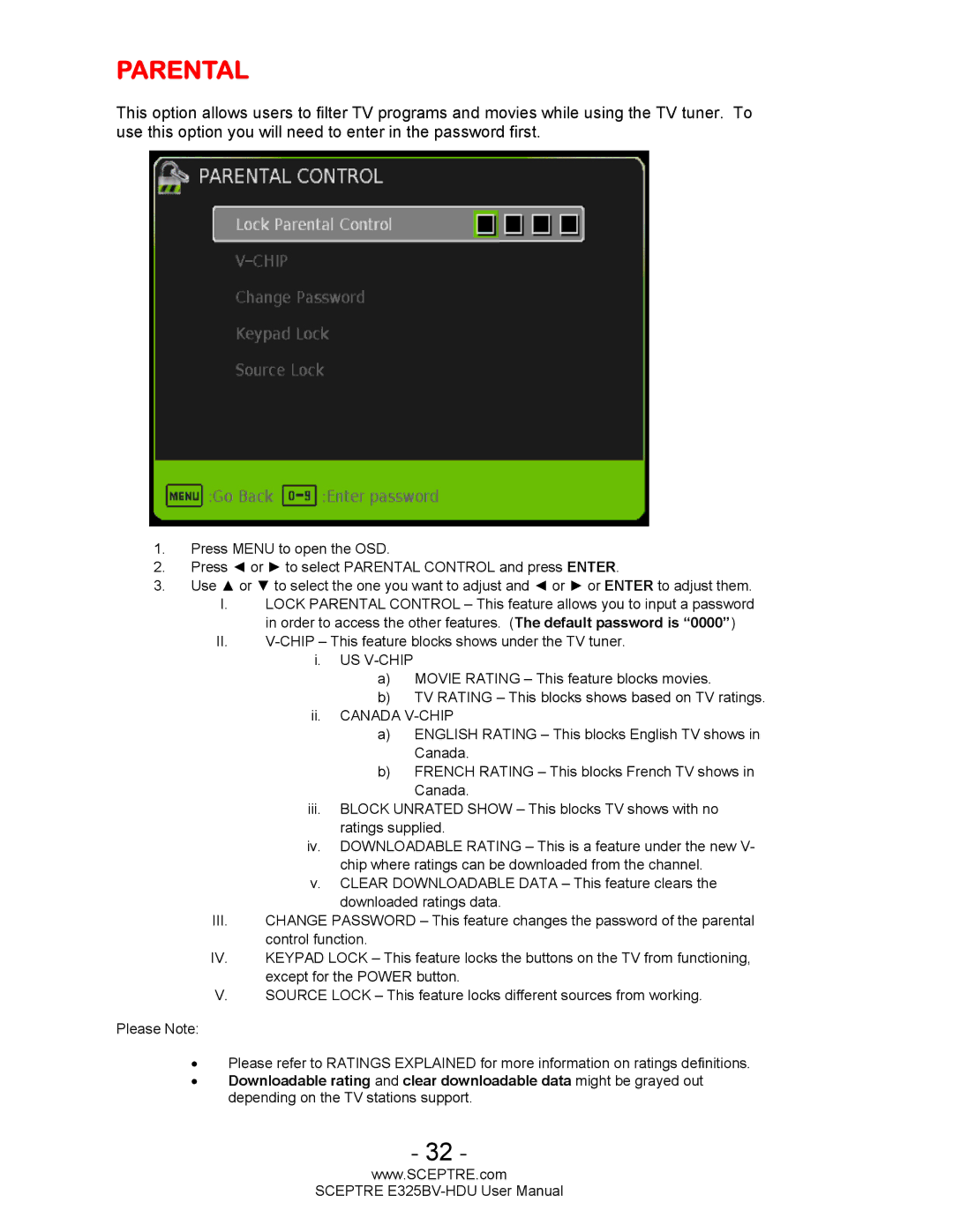 Sceptre Technologies E325BV-HDU user manual Parental 