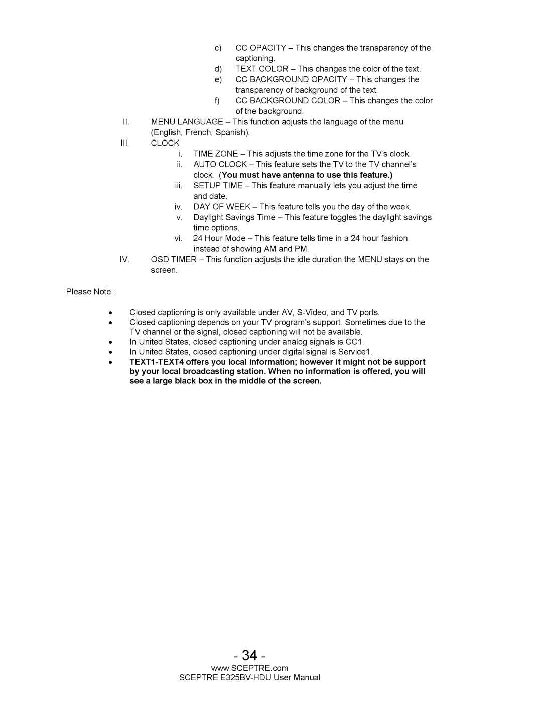 Sceptre Technologies E325BV-HDU user manual III. Clock 