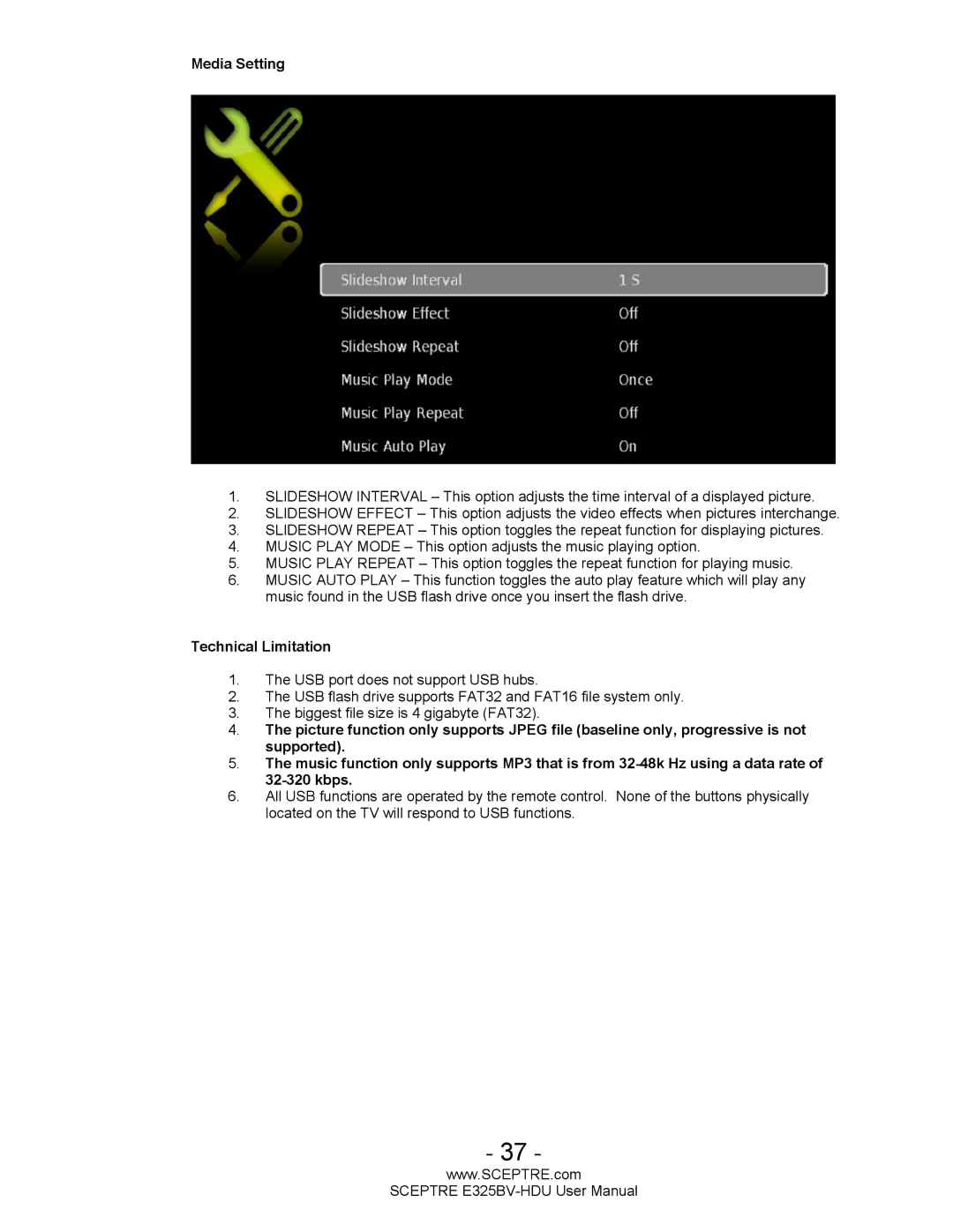 Sceptre Technologies E325BV-HDU user manual Media Setting 