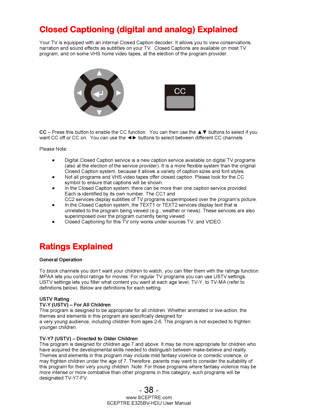 Sceptre Technologies E325BV-HDU user manual Closed Captioning digital and analog Explained, Ratings Explained 