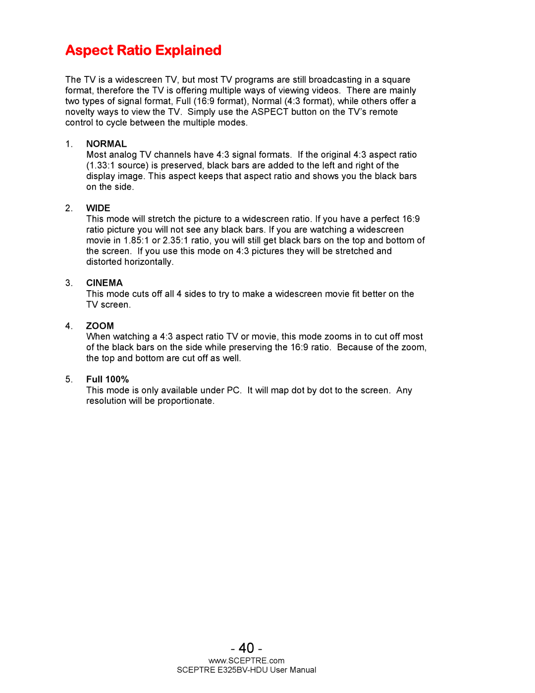 Sceptre Technologies E325BV-HDU user manual Aspect Ratio Explained, Normal 