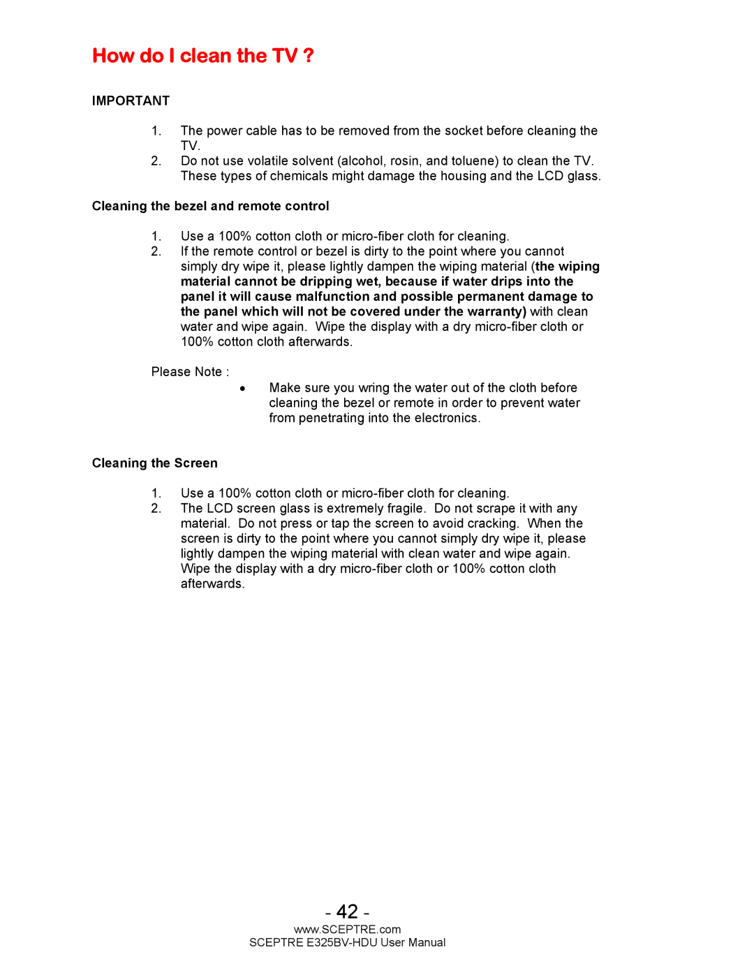 Sceptre Technologies E325BV-HDU user manual How do I clean the TV ?, Cleaning the bezel and remote control 