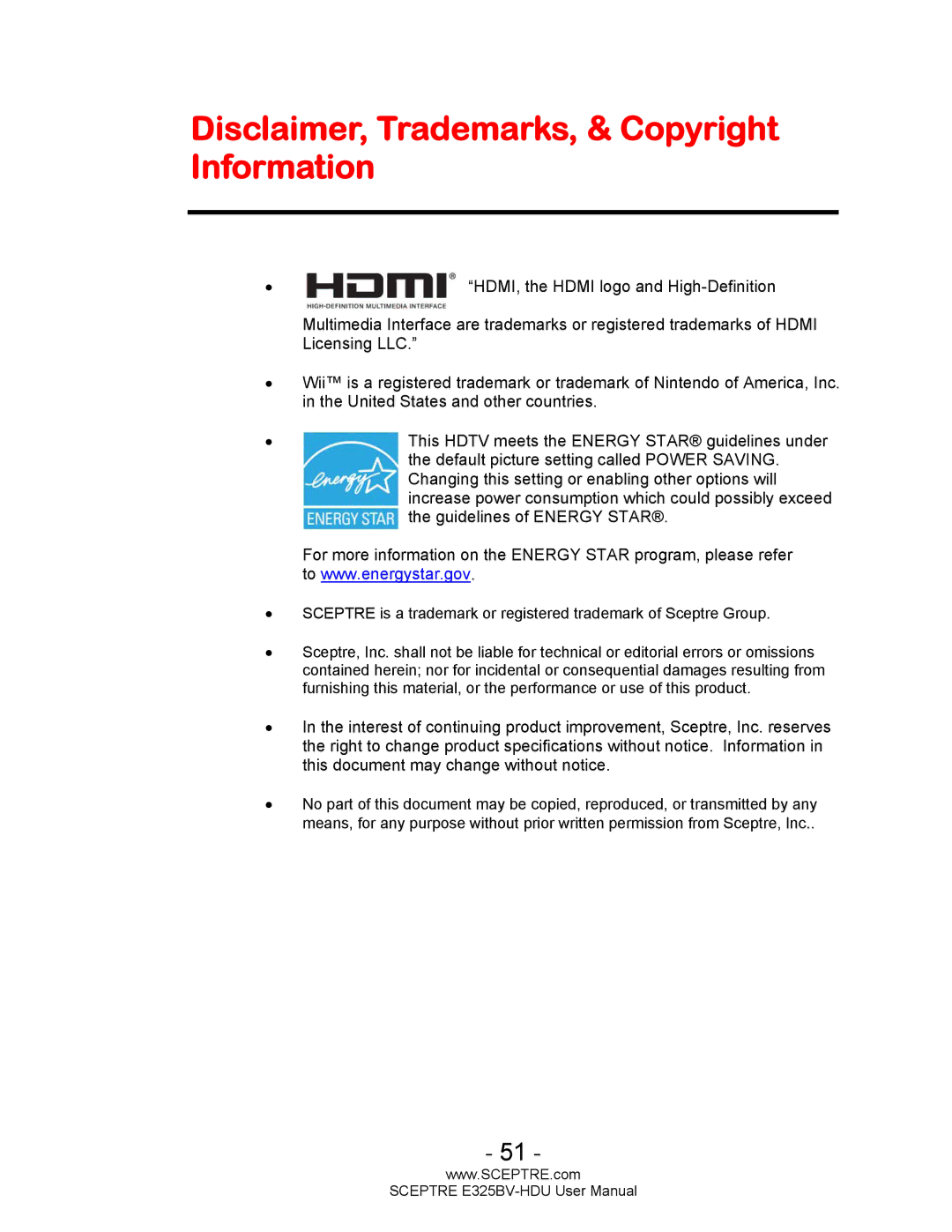 Sceptre Technologies E325BV-HDU user manual Disclaimer, Trademarks, & Copyright Information 