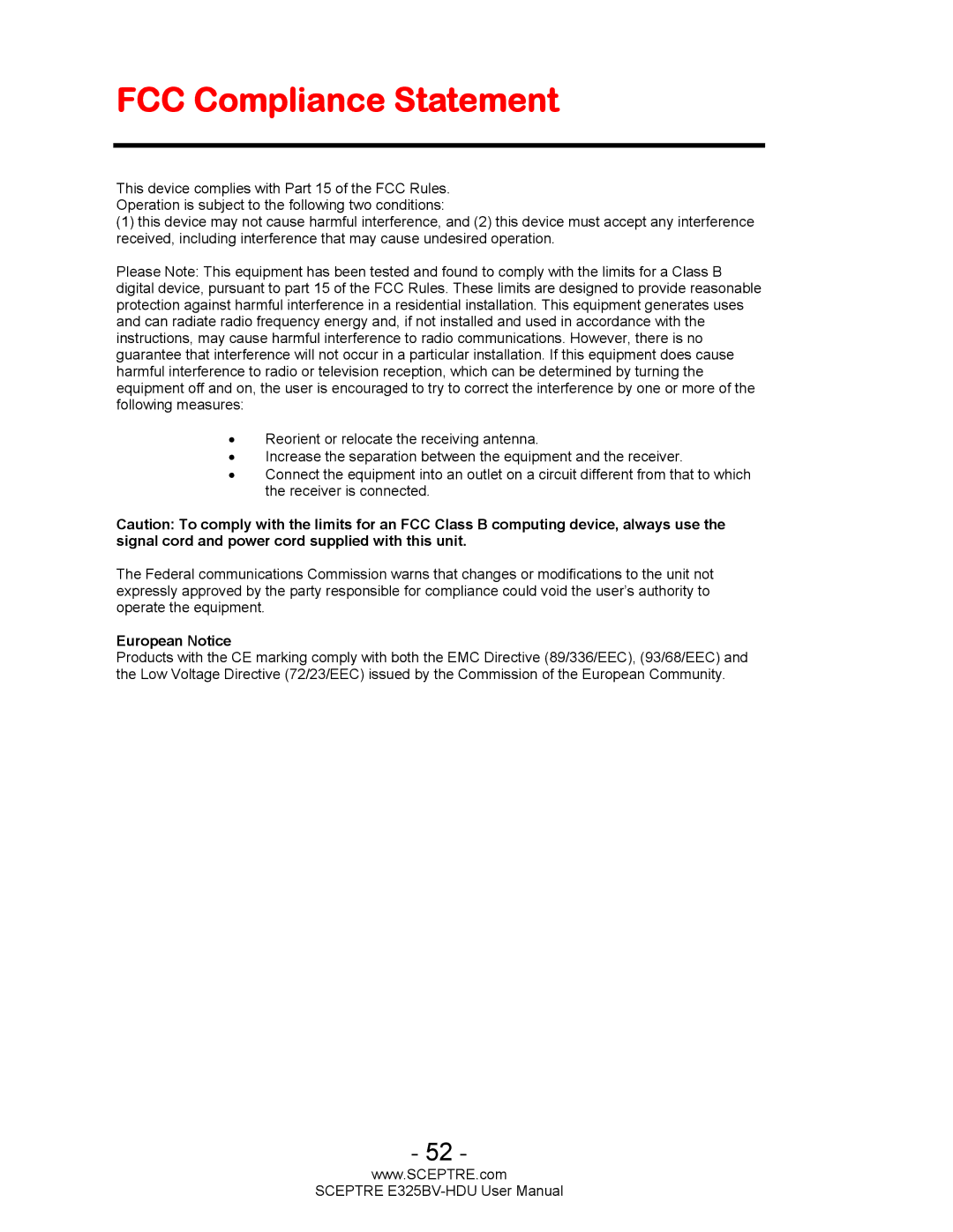 Sceptre Technologies E325BV-HDU user manual FCC Compliance Statement, European Notice 