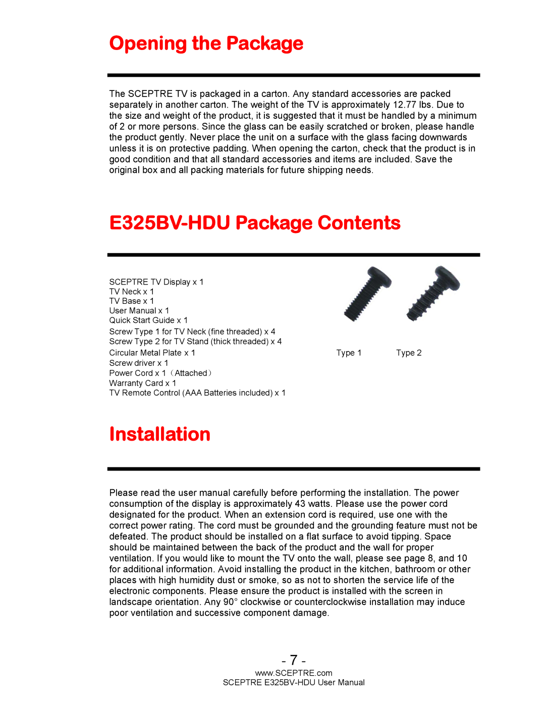 Sceptre Technologies user manual Opening the Package, E325BV-HDU Package Contents, Installation 