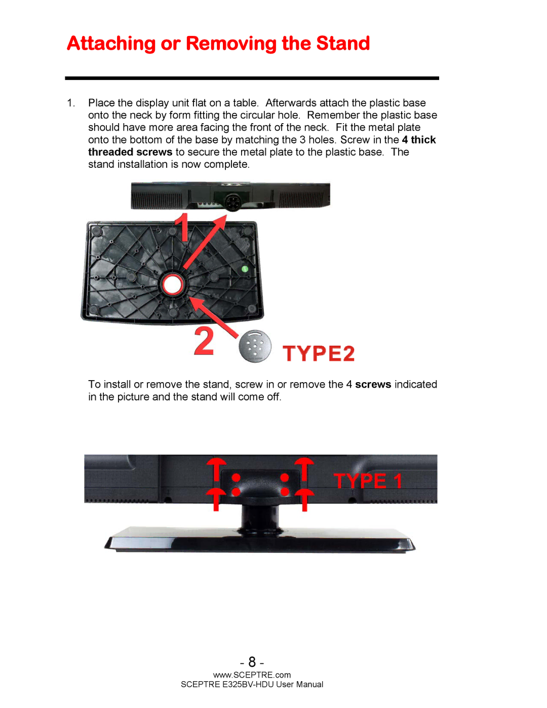 Sceptre Technologies E325BV-HDU user manual Attaching or Removing the Stand 