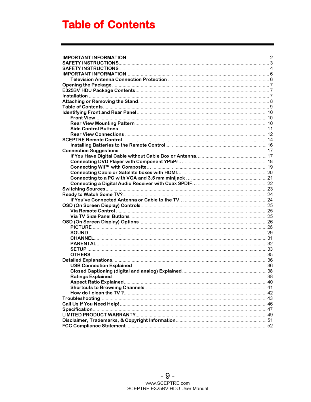 Sceptre Technologies E325BV-HDU user manual Table of Contents 