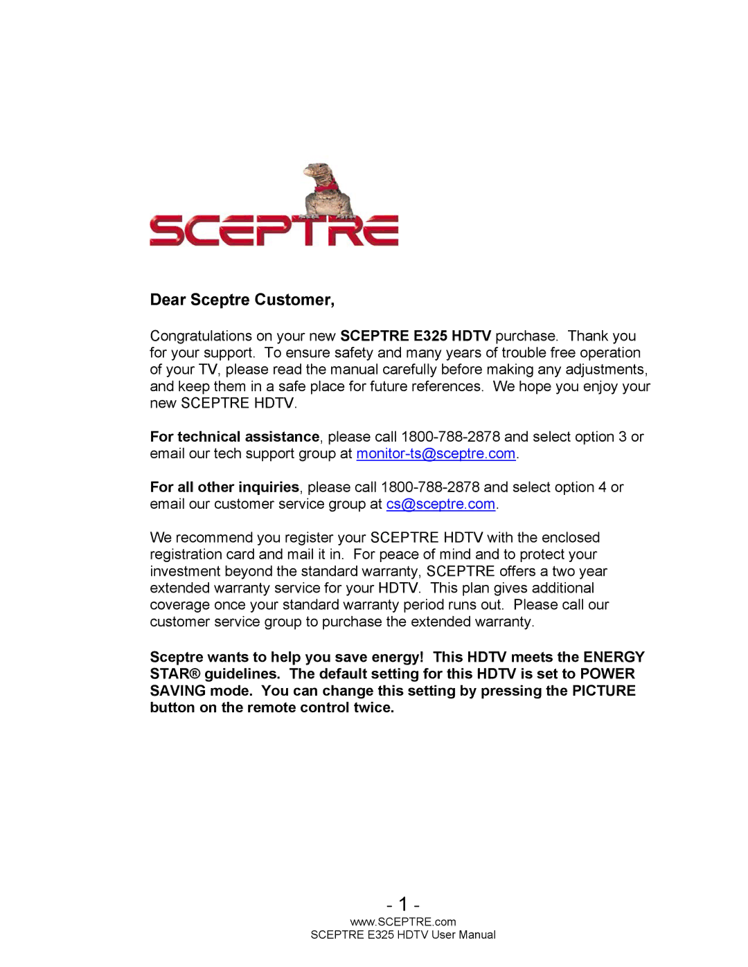 Sceptre Technologies E325BVHDC user manual Dear Sceptre Customer 