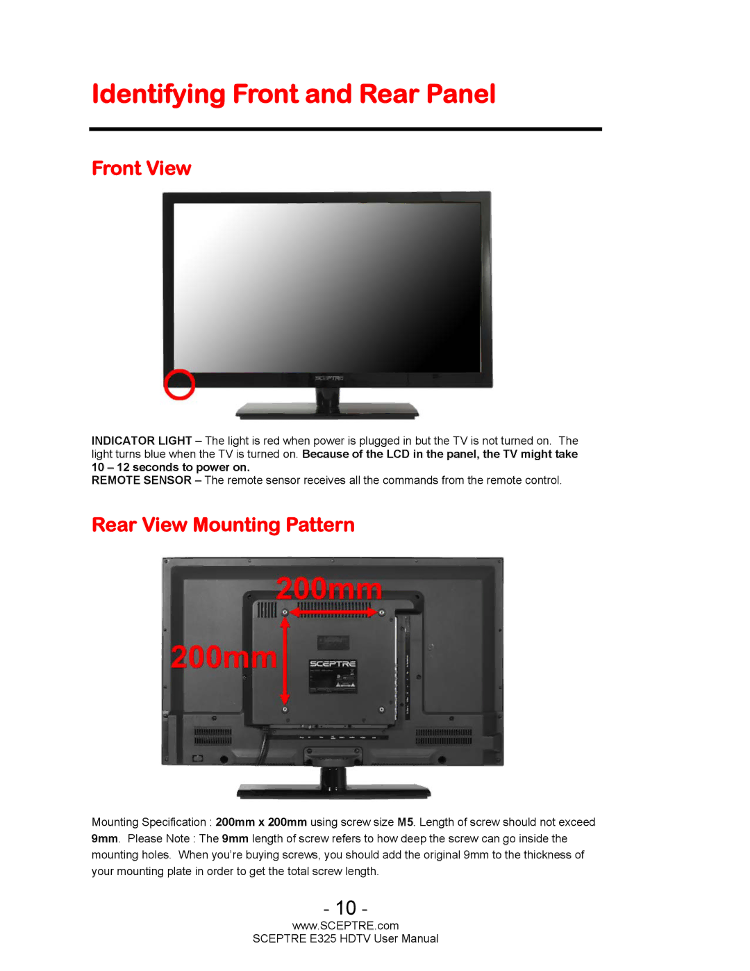 Sceptre Technologies E325BVHDC user manual Identifying Front and Rear Panel, Front View, Rear View Mounting Pattern 