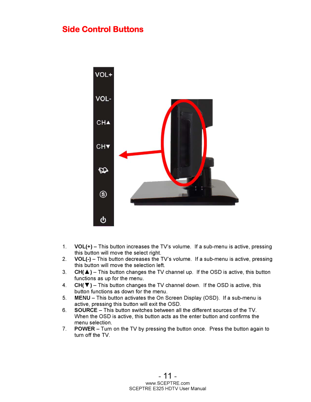 Sceptre Technologies E325BVHDC user manual Side Control Buttons 