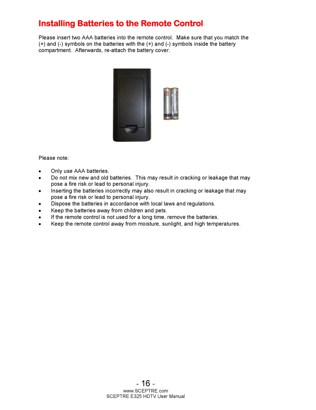 Sceptre Technologies E325BVHDC user manual Installing Batteries to the Remote Control 