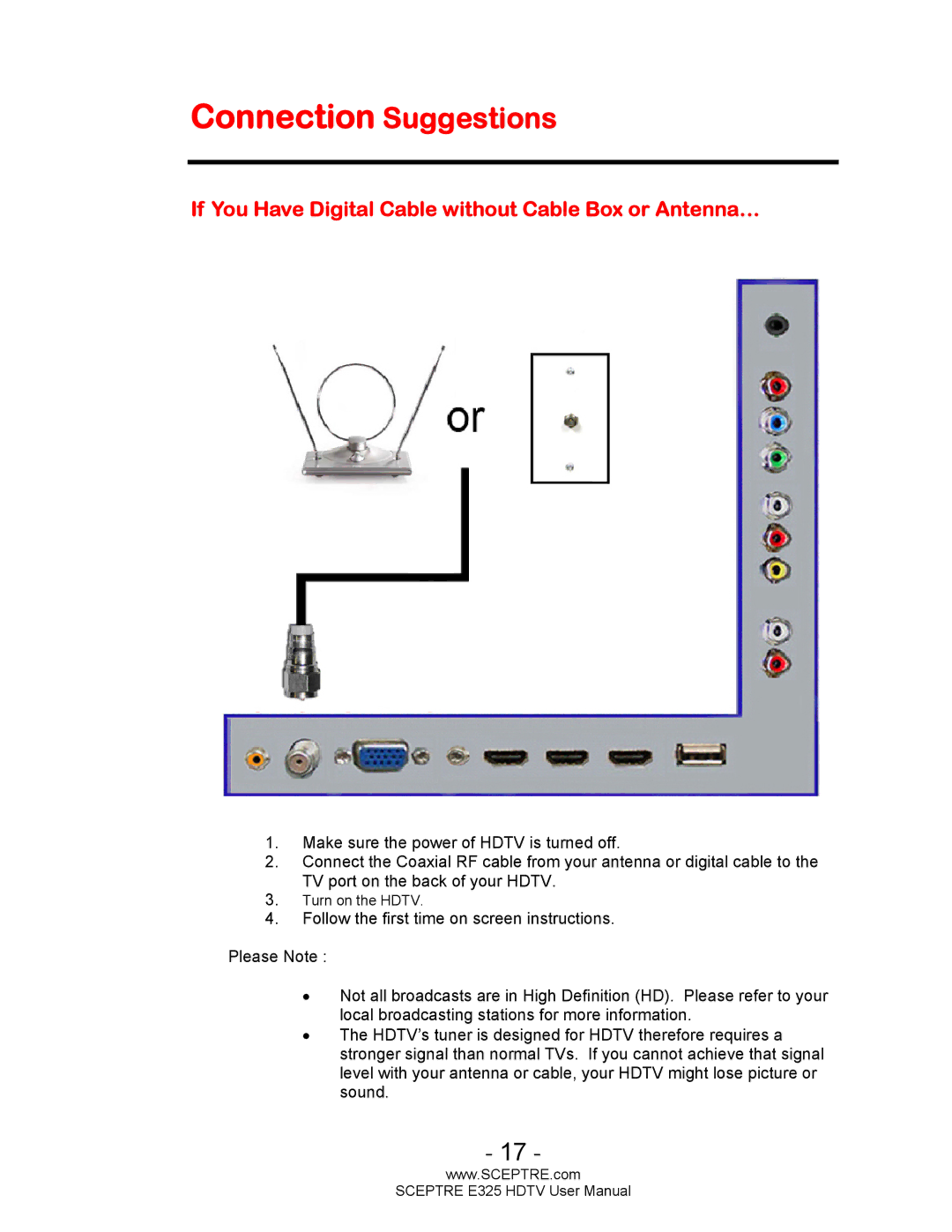 Sceptre Technologies E325BVHDC user manual Connection Suggestions, If You Have Digital Cable without Cable Box or Antenna… 