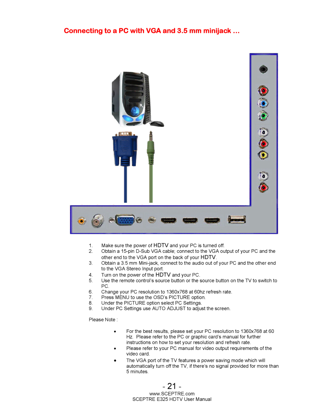 Sceptre Technologies E325BVHDC user manual Connecting to a PC with VGA and 3.5 mm minijack … 