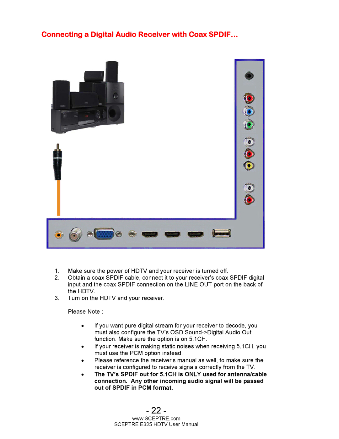 Sceptre Technologies E325BVHDC user manual Connecting a Digital Audio Receiver with Coax SPDIF… 