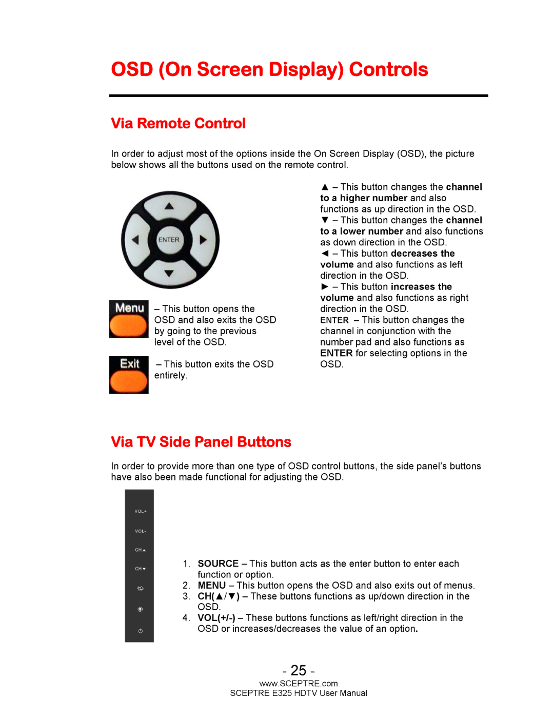 Sceptre Technologies E325BVHDC user manual OSD On Screen Display Controls, Via Remote Control, Via TV Side Panel Buttons 