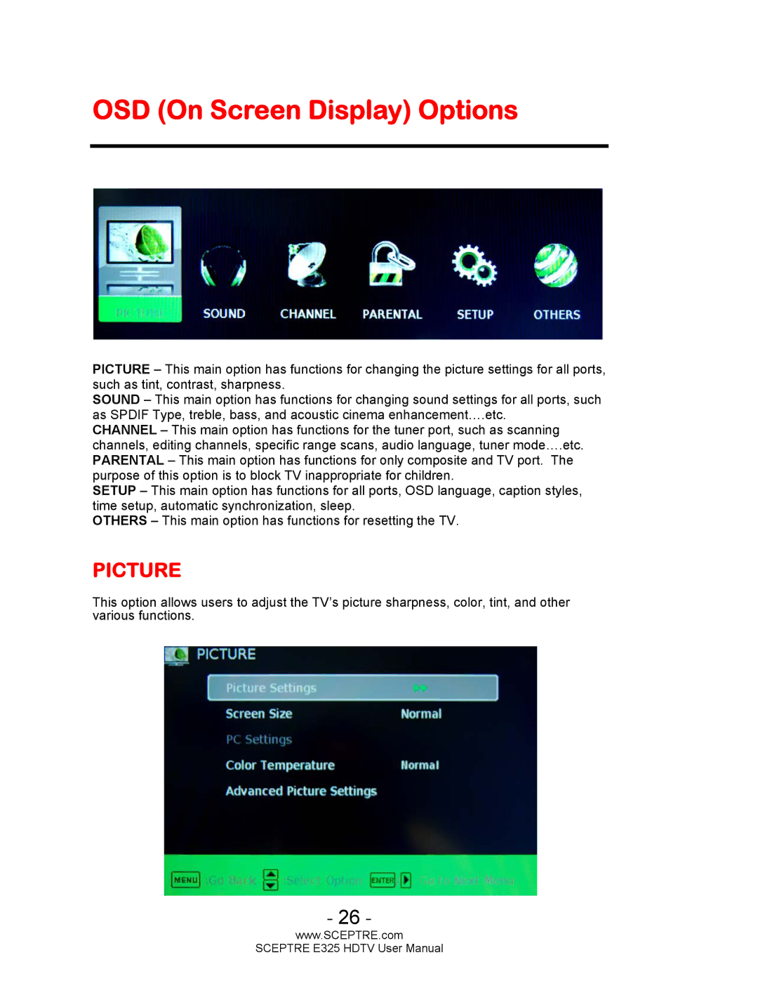 Sceptre Technologies E325BVHDC user manual OSD On Screen Display Options, Picture 