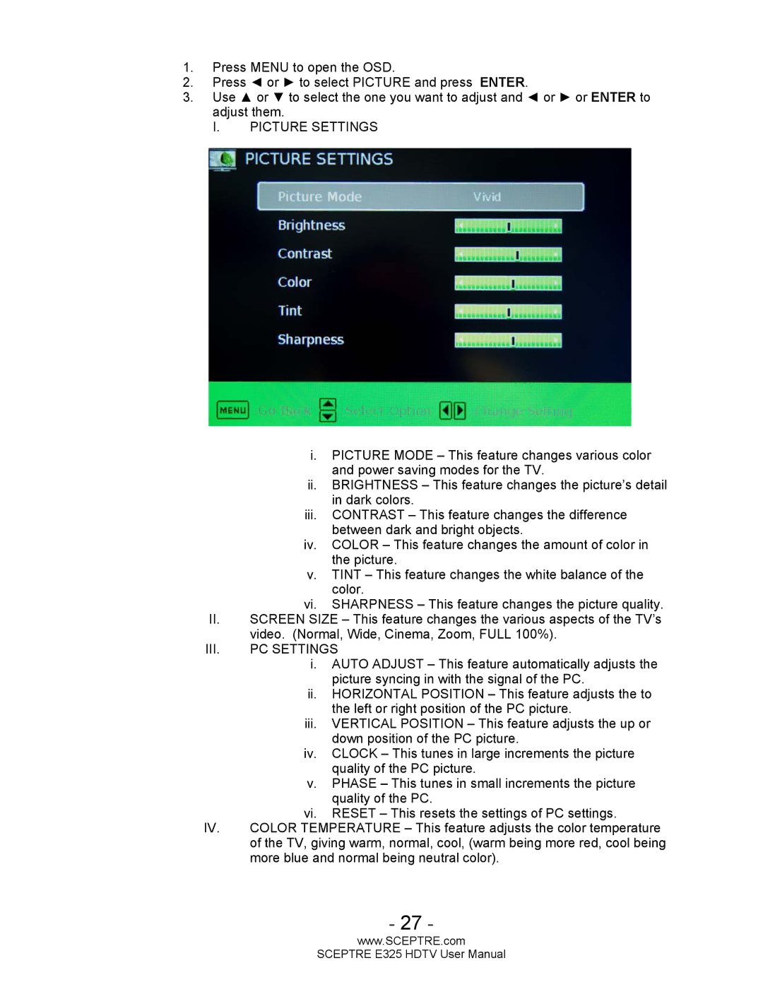 Sceptre Technologies E325BVHDC user manual Picture Settings 