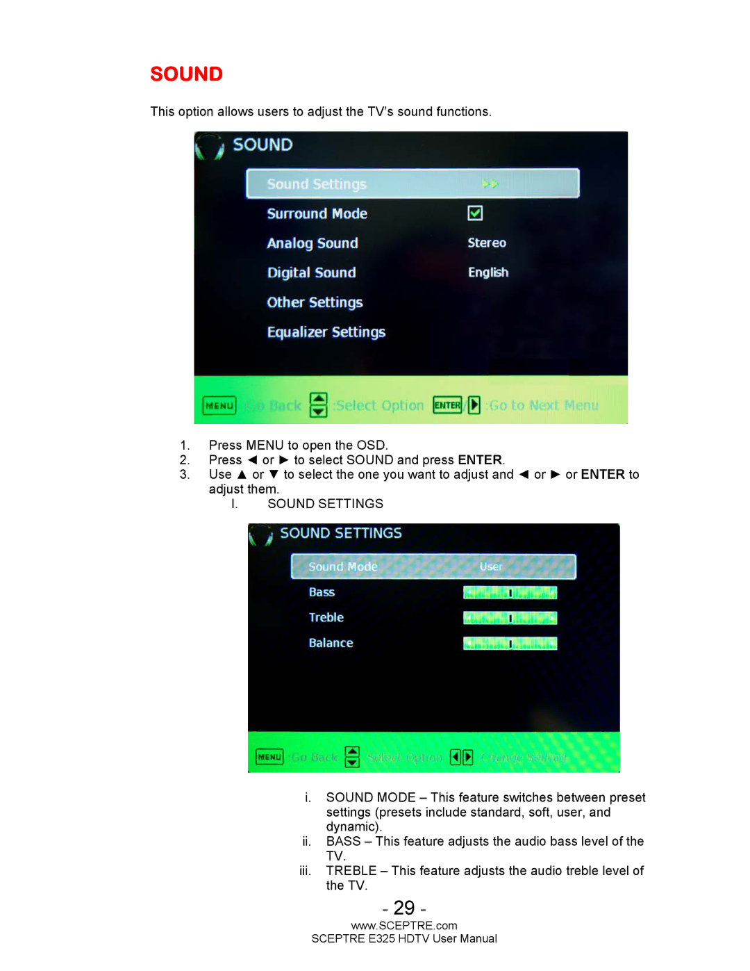 Sceptre Technologies E325BVHDC user manual Sound 