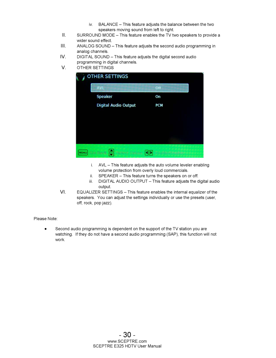 Sceptre Technologies E325BVHDC user manual Other Settings 