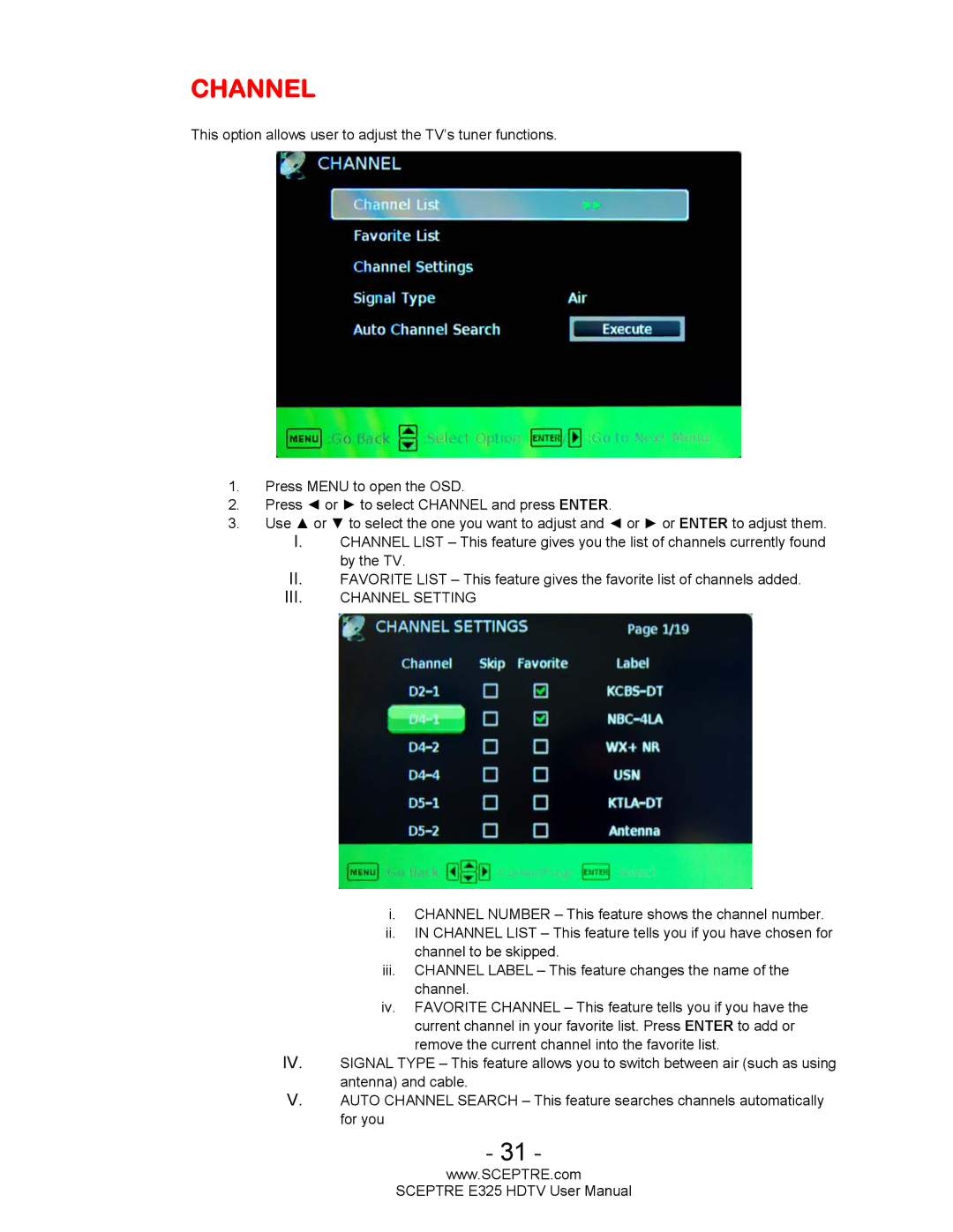 Sceptre Technologies E325BVHDC user manual Channel 