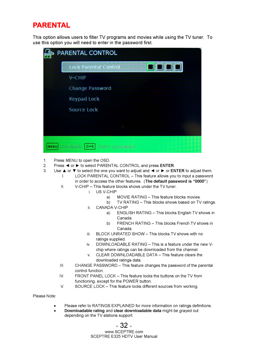 Sceptre Technologies E325BVHDC user manual Parental 