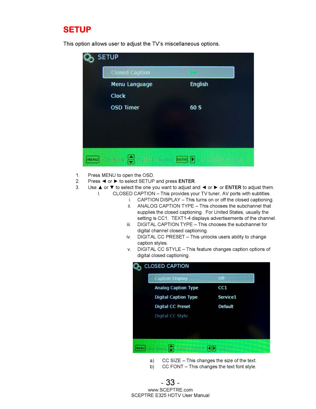 Sceptre Technologies E325BVHDC user manual Setup 