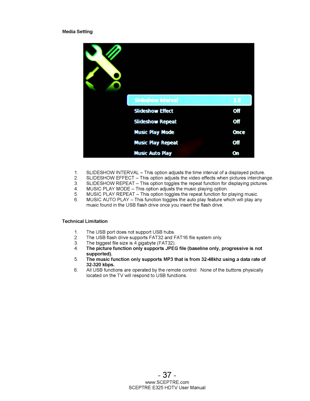 Sceptre Technologies E325BVHDC user manual Media Setting 