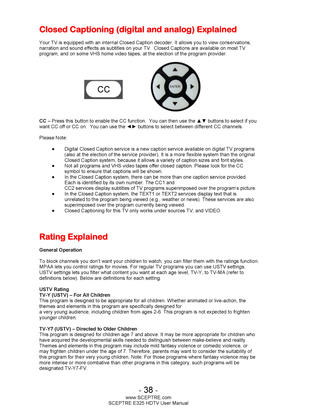 Sceptre Technologies E325BVHDC user manual Closed Captioning digital and analog Explained, Rating Explained 