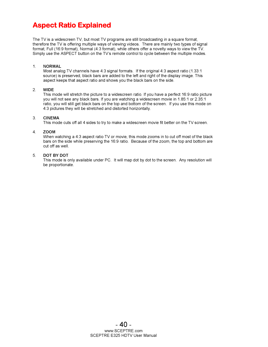 Sceptre Technologies E325BVHDC user manual Aspect Ratio Explained, Normal 