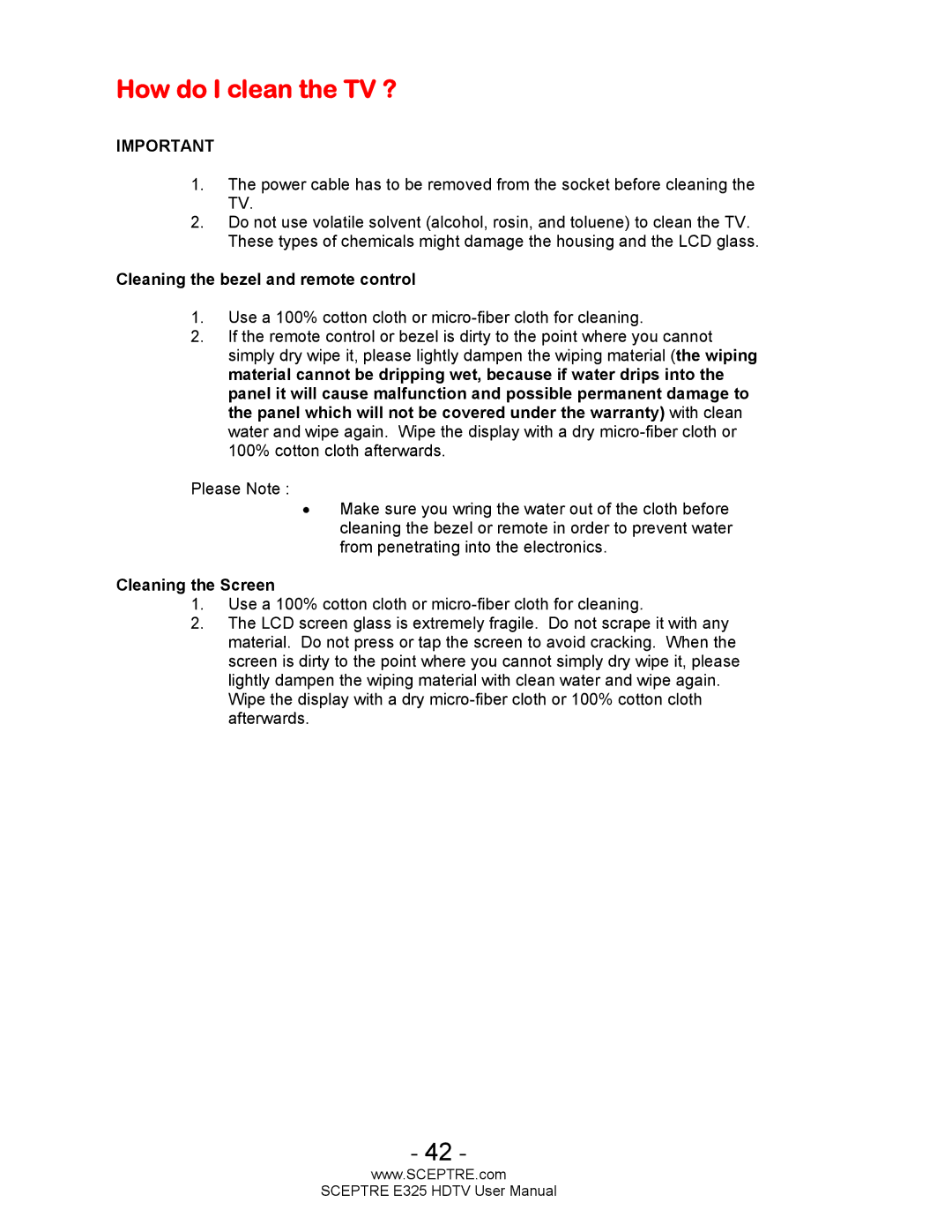 Sceptre Technologies E325BVHDC user manual How do I clean the TV ?, Cleaning the bezel and remote control 