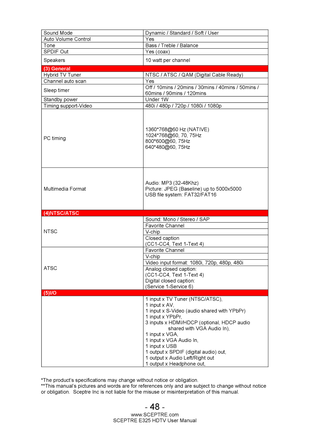 Sceptre Technologies E325BVHDC user manual 4NTSC/ATSC 