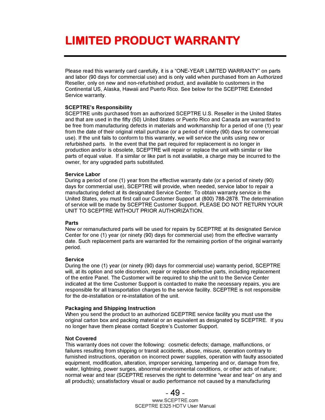 Sceptre Technologies E325BVHDC user manual Limited Product Warranty 