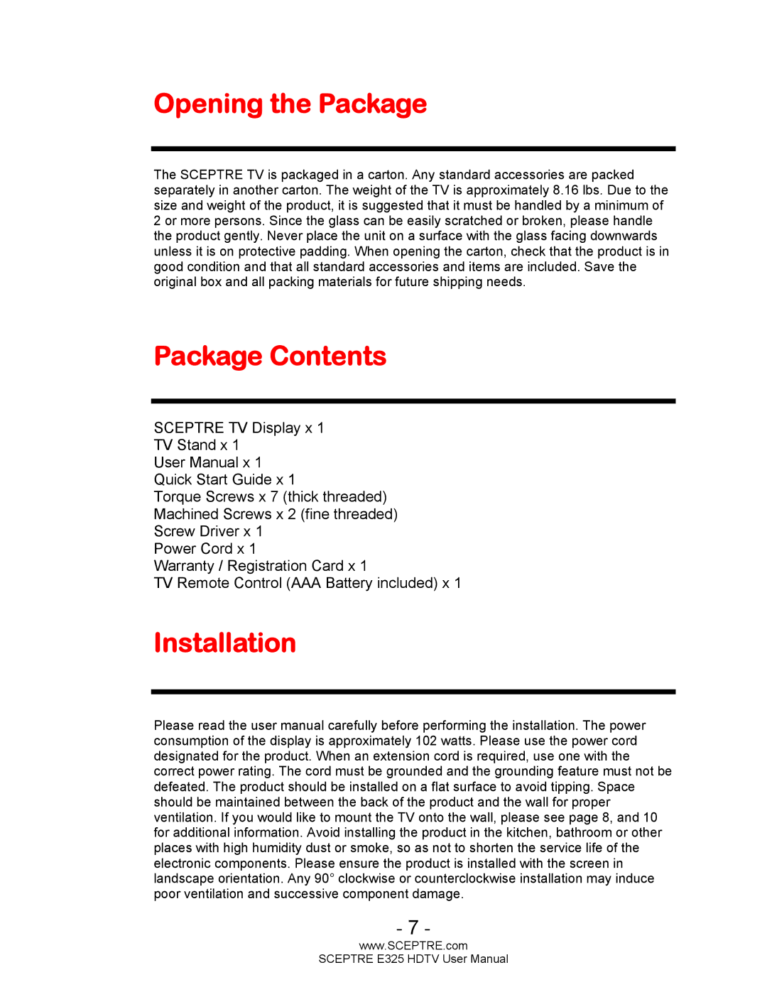 Sceptre Technologies E325BVHDC user manual Opening the Package, Package Contents, Installation 