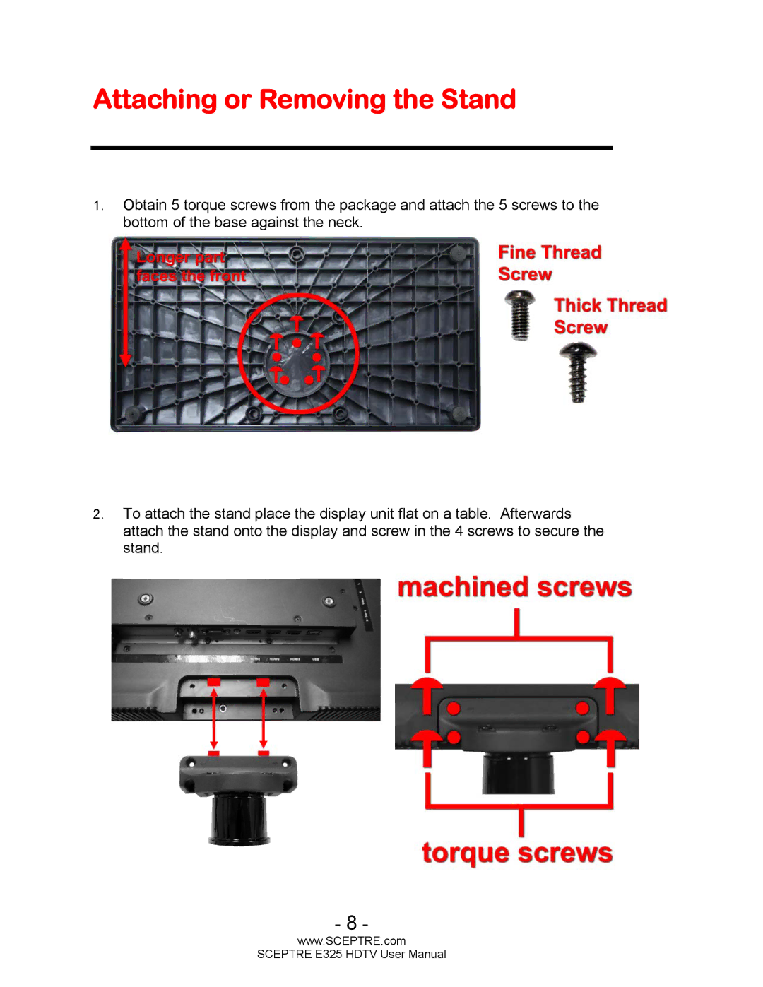 Sceptre Technologies E325BVHDC user manual Attaching or Removing the Stand 