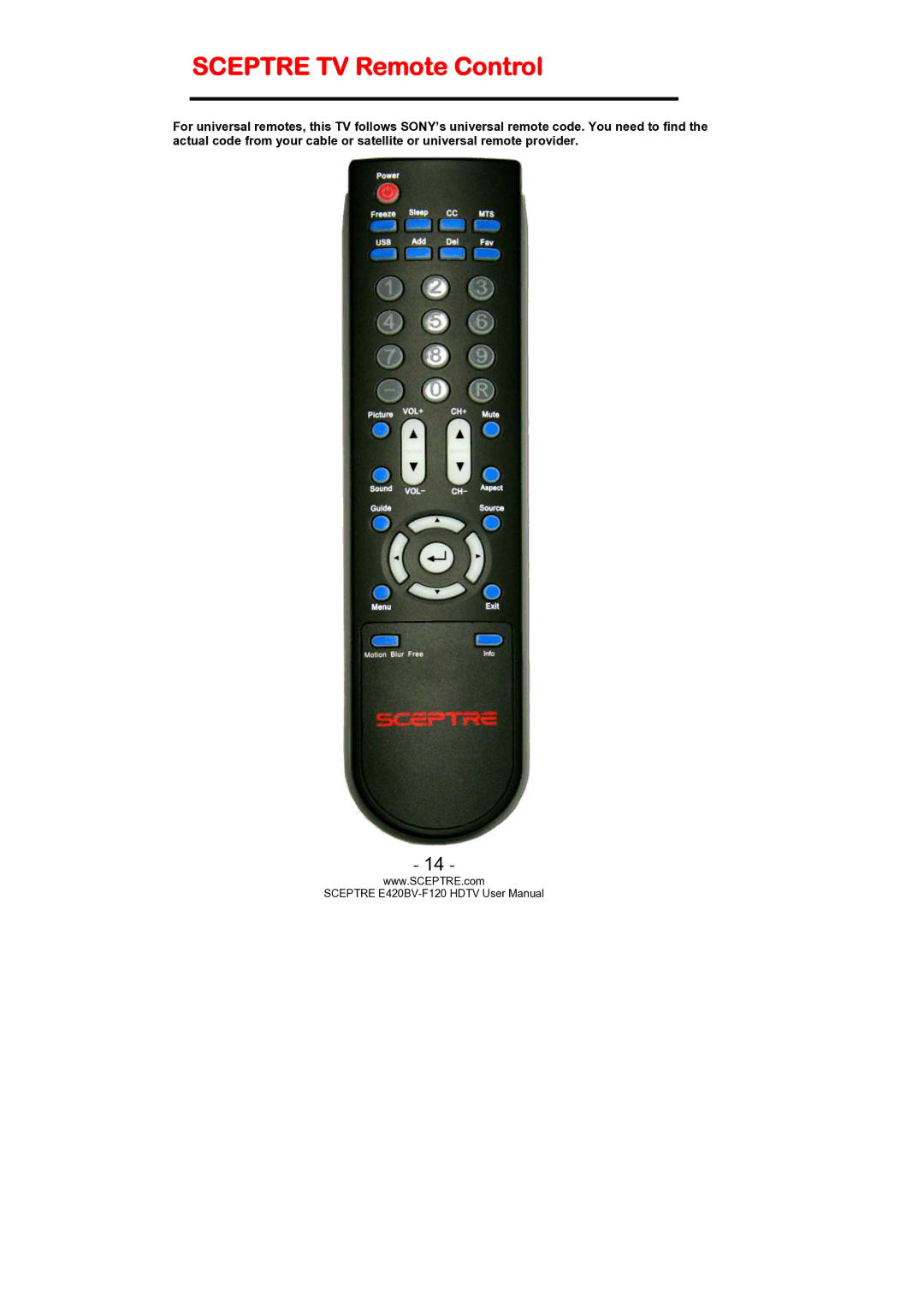 Sceptre Technologies E420BV-F120 user manual Sceptre TV Remote Control 