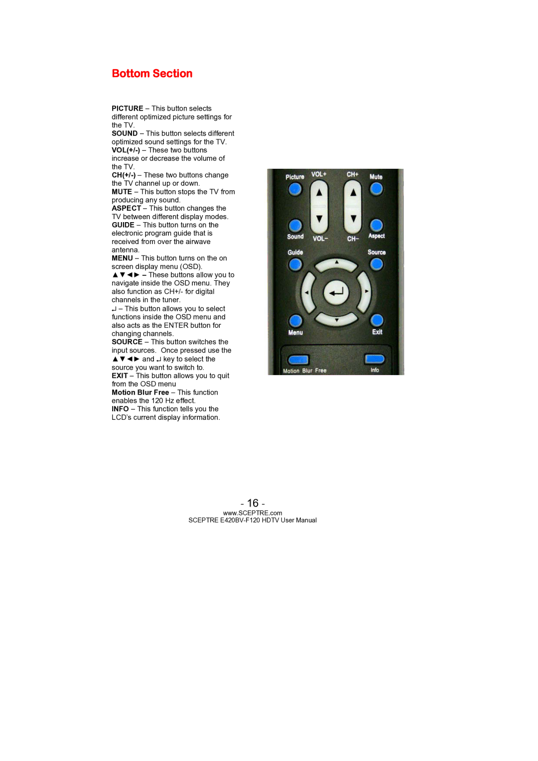 Sceptre Technologies E420BV-F120 user manual Bottom Section 