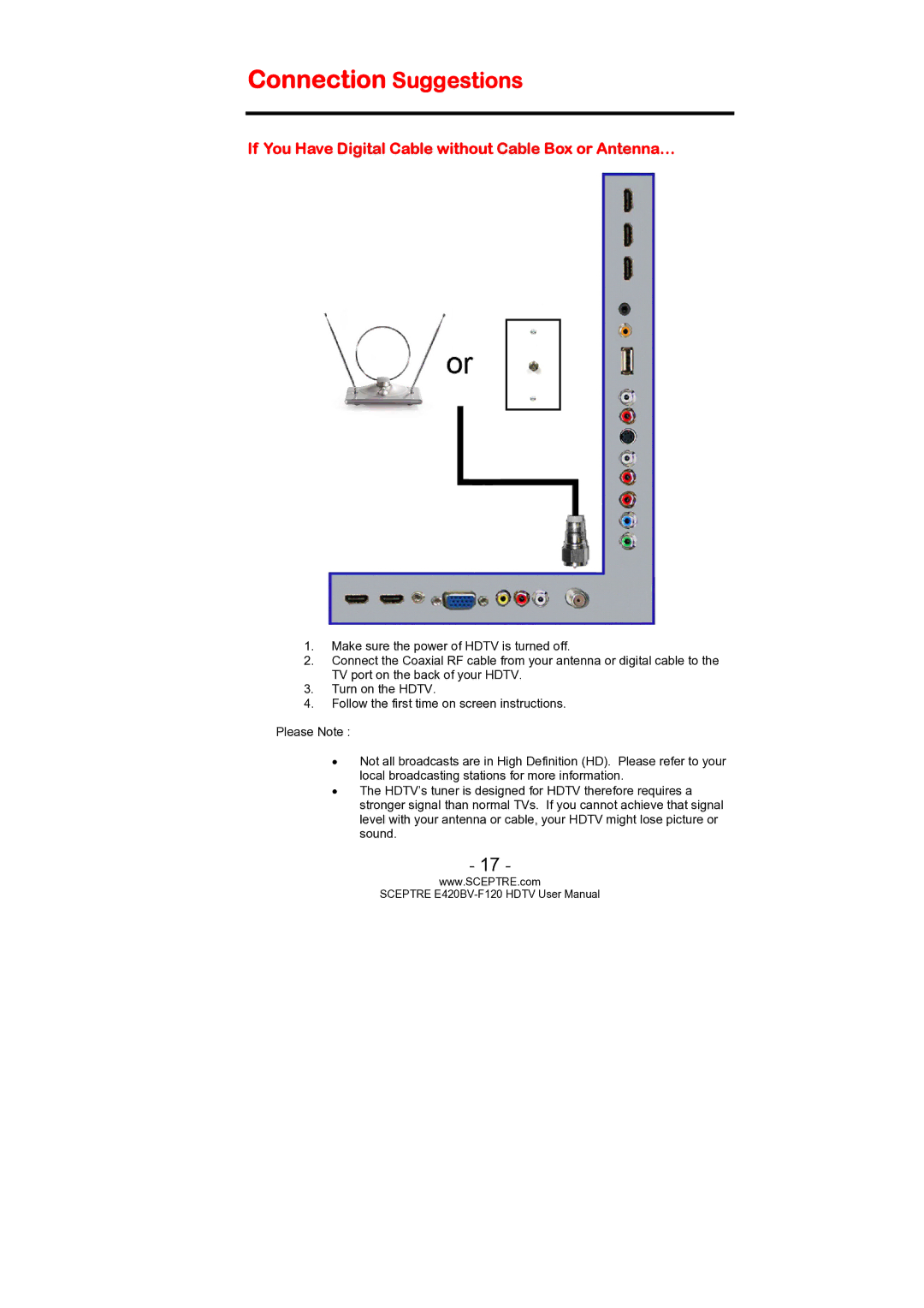 Sceptre Technologies E420BV-F120 Connection Suggestions, If You Have Digital Cable without Cable Box or Antenna… 