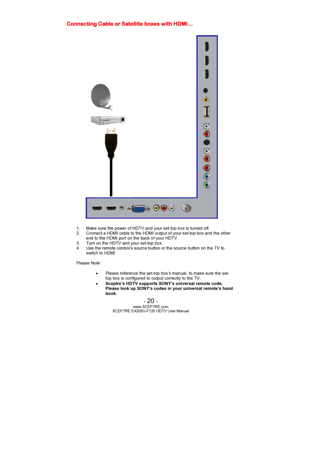 Sceptre Technologies E420BV-F120 user manual Connecting Cable or Satellite boxes with HDMI… 