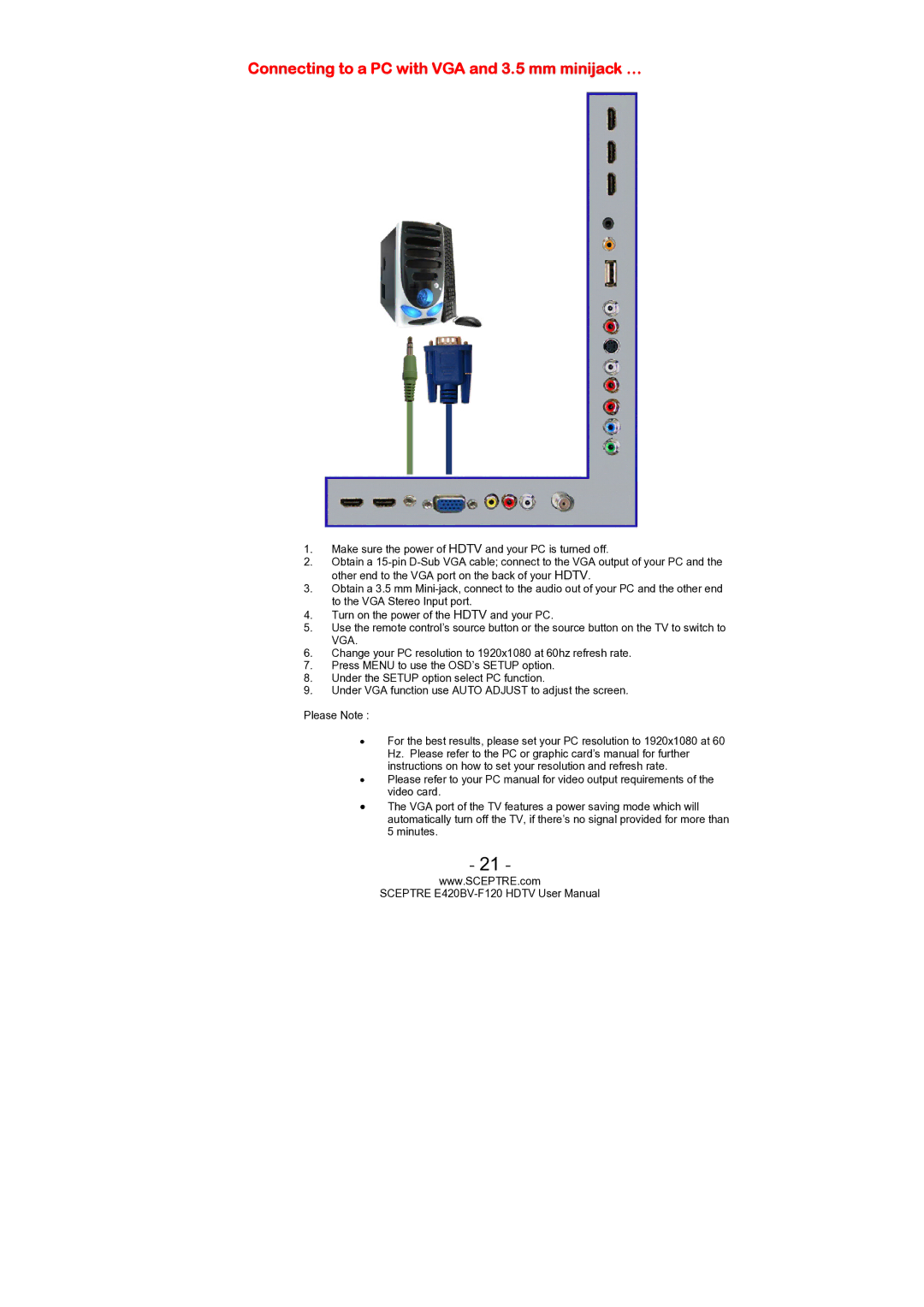 Sceptre Technologies E420BV-F120 user manual Connecting to a PC with VGA and 3.5 mm minijack … 