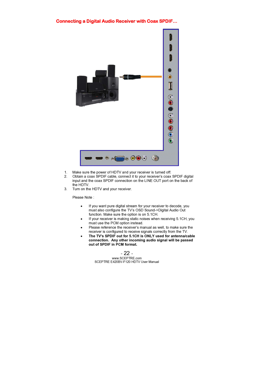 Sceptre Technologies E420BV-F120 user manual Connecting a Digital Audio Receiver with Coax SPDIF… 