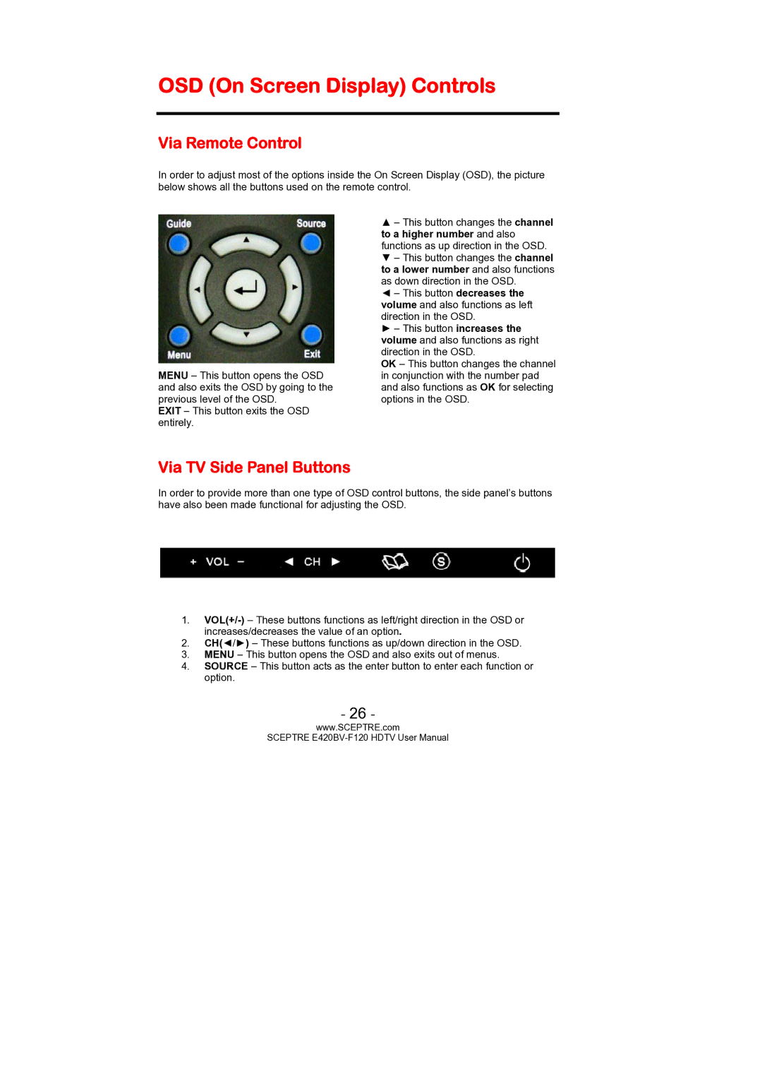 Sceptre Technologies E420BV-F120 user manual OSD On Screen Display Controls, Via Remote Control, Via TV Side Panel Buttons 