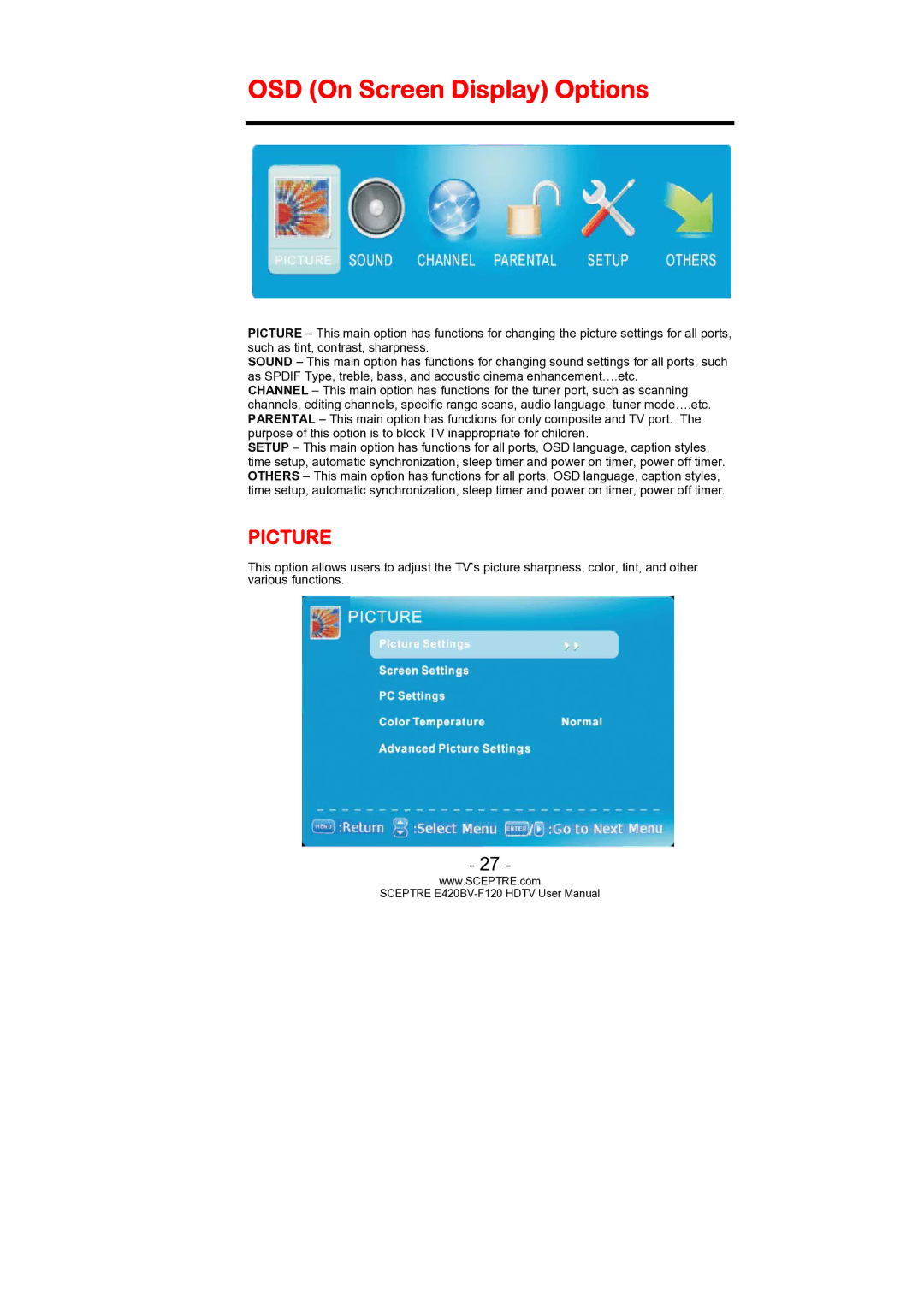 Sceptre Technologies E420BV-F120 user manual OSD On Screen Display Options, Picture 