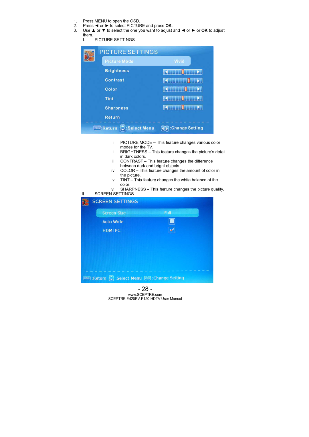 Sceptre Technologies E420BV-F120 user manual Picture Settings, II. Screen Settings 