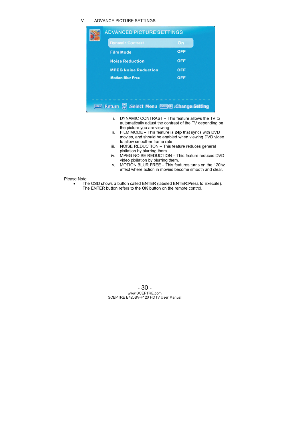 Sceptre Technologies E420BV-F120 user manual Advance Picture Settings 